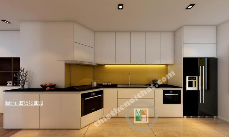 Mẫu tủ bếp đẹp được thiết kế một cách khéo léo, khu vực sơ chế và khu vực bếp nấu được bố trí khoa học, tạo cho người nội trợ dễ dàng nấu nướng hơn Tủ bếp màu trắng và màu nâu đẹp