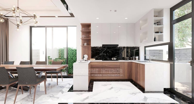 Mẫu tủ bếp chữ u được thiết kế ấn tượng với sự phân chia khoa học mang lại sự thuận tiện cho người nấu. Tủ bếp màu trắng và màu nâu đẹp