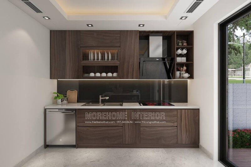 Tủ bếp có máy rửa bát được bố trí khá hợp lý để tạo nên không gian bếp đẹp, hiện đại, khoa học. Tủ bếp hiện đại
