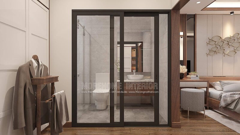 Là mẫu trang trí nội thất phòng ngủ khép kín phong cách hiện đại khá phù hợp cho các bạn nam thanh niên mới lớn hay người đi làm, ý tưởng sử dụng kệ để quần áo tiện lợi sẽ là ý tưởng giúp bạn tiết kiệm đáng kể thời gian tìm trang phục ưng ý.