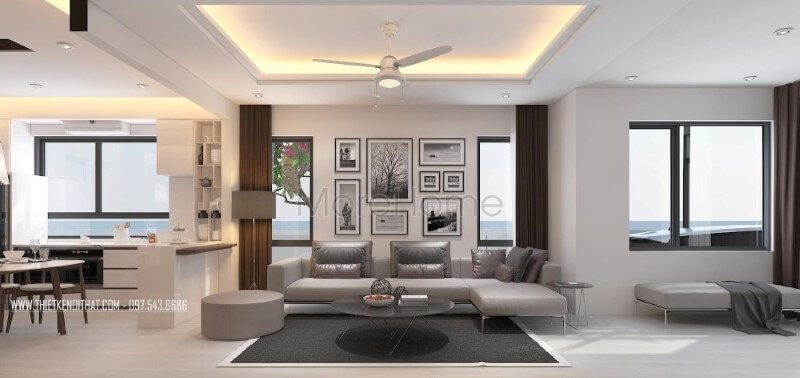 Tâm điểm của phòng khách biệt thự, nhà phố là thiết kế sofa góc hiện đại bọc da màu xám bóng cao cấp kết hợp chân sắt thanh thoát, tinh tế.