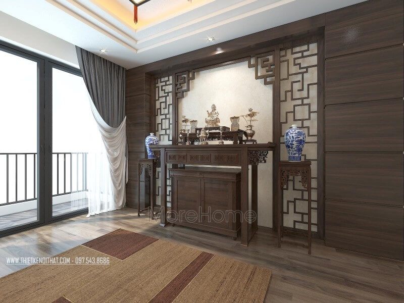 Sự kết hợp giữa hiện đại và sang trọng đẳng cấp được thể hiện qua thiết kế nội thất gỗ tự nhiên cho phòng thờ.