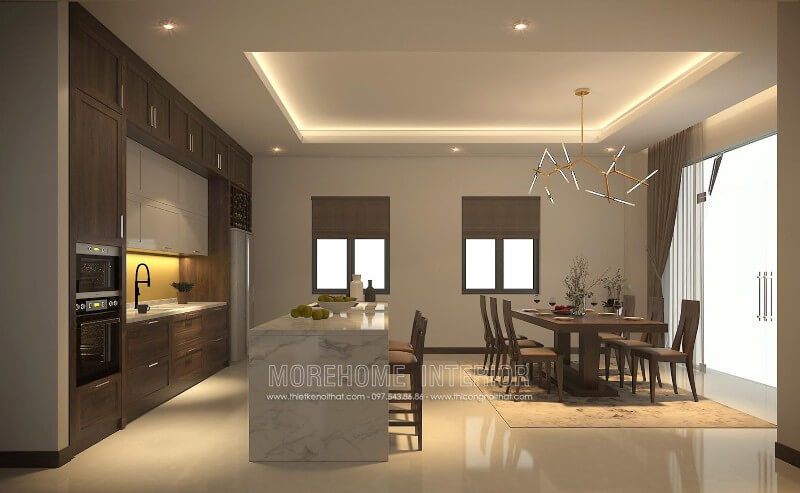Tủ bếp được thiết kế để liền kề với khu vực ăn uống của biệt thự giúp tạo nên cảm giác thuận tiện cho chủ nhà.